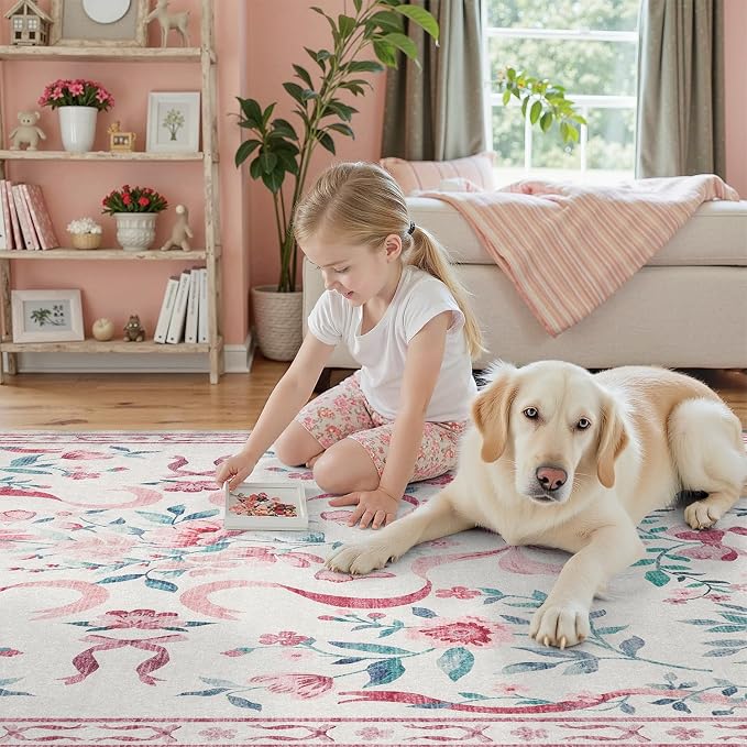 DCX Washable 4x6 Bow Rug, Pink Floral Rug for Girls’ Bedroom, Cute Soft Low Pile Indoor Décor Carpet, Kid & Pet Friendly Nursery Rug for Living Room, Dorm, Playroom