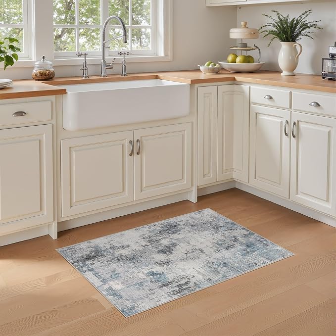 Abstract 2x3 Area Rug: Machine Washable Non Slip Ultra Thin Low-Pile Carpet, Soft Stain Resistant for Entryway Kitchen Bathroom, Kid Pet Friendly, Robot Vacuum Compatible - Grey Blue