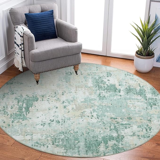 ROYHOME Modern Abstract 8x8 Round Area Rug Non Slip Non Shedding Rug Low Pile Stain Resistant for Bedroom Living Room Office Dining Room,Green