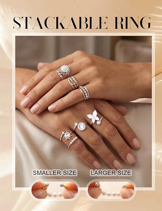 FIBO STEEL Fidget Anxiety Rings for Women - 8Pcs 14K Gold Plated Spinner Adjustable Rings Stress Relief Open Ring Stacks CZ Sun flower Butterfly Bead Evil Eye Non Tarnish Ring Set