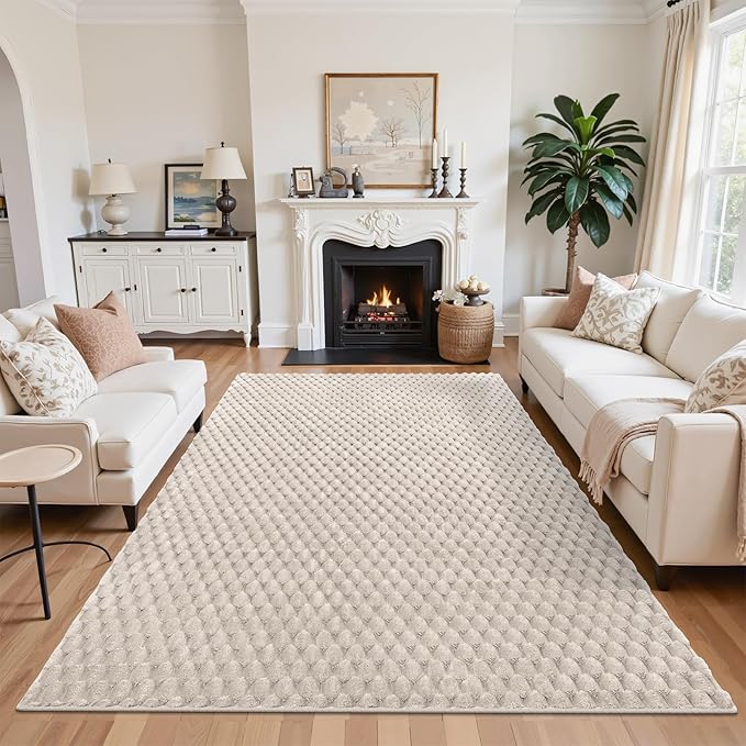 Vaukki 5x8 Area Rug for Living Room, Non Slip Washable 3D Bubble Living Room Rug, High Low Pile Hexagon Floor Mat for Bedroom, Modern Soft Fluffy Carpet for Dining Room, Office and Nursery, Beige