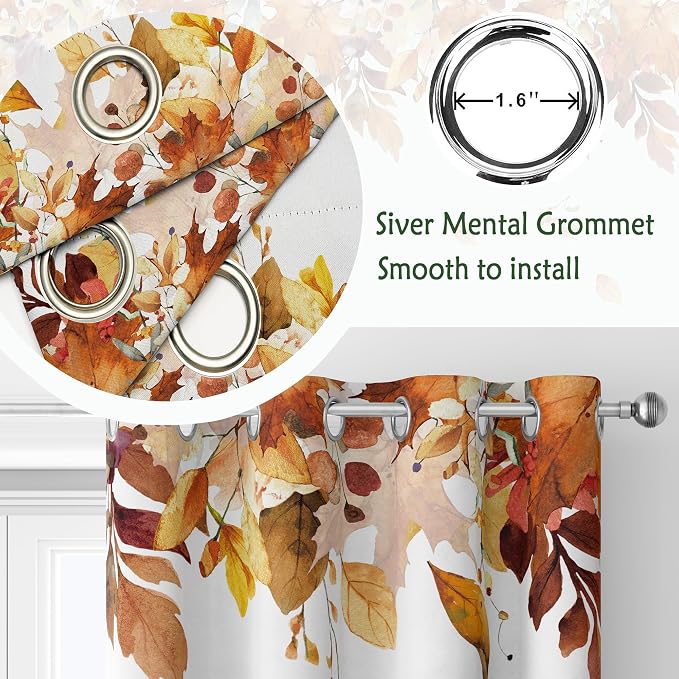 Harvest Pumpkin Window Curtains 52 x 63 in, Watercolor Fall Drapes with Cornucopia, Autumn Leaves and Blue Pumpkin Farmhouse Decor for Bedroom Living Room