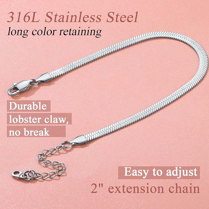 FindChic Elegant Herringbone Snake Chain Anklets/Bracelets 3MM/5MM Width Stainless Steel/18K Gold/Rose Gold Plated/Black 4 Color Options, 8.3'' 8.5'' 10.5'' Length, with Gift Box