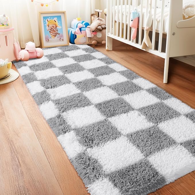 Pionblank Checkered Rug for Bedroom 2x6, Modern Fluffy Runner Rugs for Living Room, Super Soft Shaggy Bedside Carpet for Kids Room Nursery Teens Dorm Decor, Grey and White