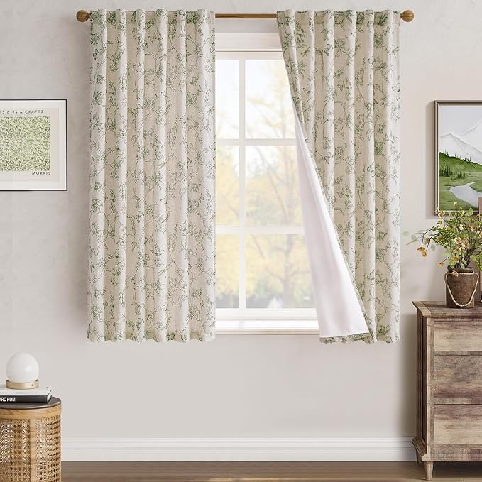 jinchan Green Floral Linen Curtains Lined 63 Inch Vintage Back Tab 2 Panels | Privacy lining, light filtering drapes, cottagecore, french country, farmhouse, bedroom, living room, window treatment