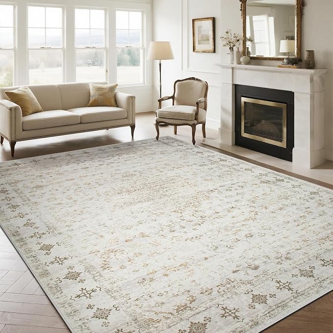 Srugn Washable Rugs 8x10 Area Rugs for Living Room,Rugs for Bedroom,Large Carpets,Ultra Soft Faux Wool Retro Dining Room Rug,Non Slip&Non-Shedding Low Pile Vintage Print Rug for Home Office-Beige