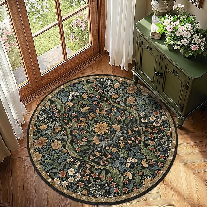 Round Rug 4ft Black Brown Washable Floral Circle Rug,Vintage Boho Botanical Round Area Rugs, Non-Slip Soft Low-Pile Circular Carpet for Bedroom,Kids Room,College Dorm,Home Decor
