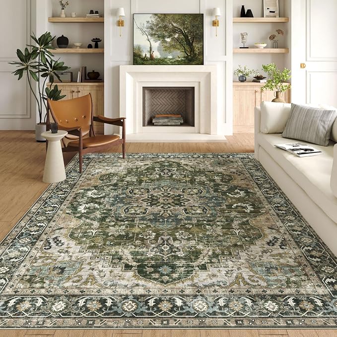 LUXRUG Washable Area Rug 8x10 - Large Moss Green Boho Rugs for Living Room Soft Vintage Bedroom Rug Ultra-Thin Oriental Farmhouse Distressed Carpet Non Slip Rug for Dining Room Guest Room Home Decor