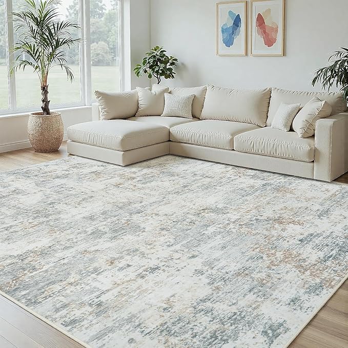 6x9 Area Rugs Living Room Rug Modern Abstract Neutral Washable Rugs Non Slip Soft Carpet Large Area Rug Low Pile Stain Resistant Non Shedding for Bedroom Nursery Dining Room Home Office Gray Brown