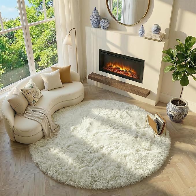 Amdrebio Ivory White Large Round Rug 8Ft for Kids Bedroom Aesthetic, Fluffy Fuzzy Furry Circle Area Rugs for Living Room, Big Plush Soft Shaggy Cream Carpet for Apartment Baby Nursery Teen Girls Boys