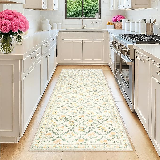 Runner Rug for Entryway: 2x5 Kitchen Rugs Non Slip Washable Ultra-Thin Soft Floral Carpet Indoor Floor Stain Resistant Carpets for Hallway Bedroom Kitchen Laundry Bathroom Dorm Beige/Multi