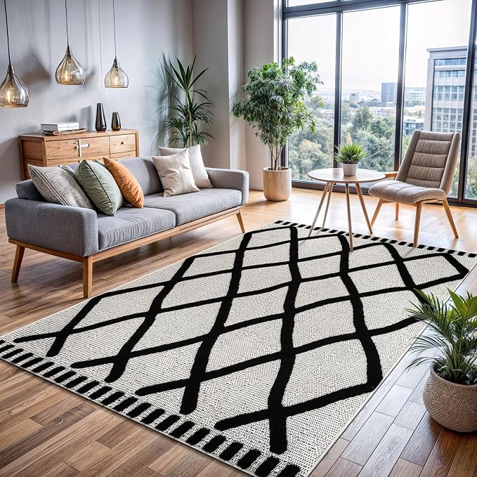 CAMILSON Modern Rug 4x6 Luxury Diamond Pattern Micro Loop Area Rugs Soft High-Low Pile Stain Resistant Easy to Clean Non-Shedding Durable Living Room Kitchen Indoor Carpet (Black/White)