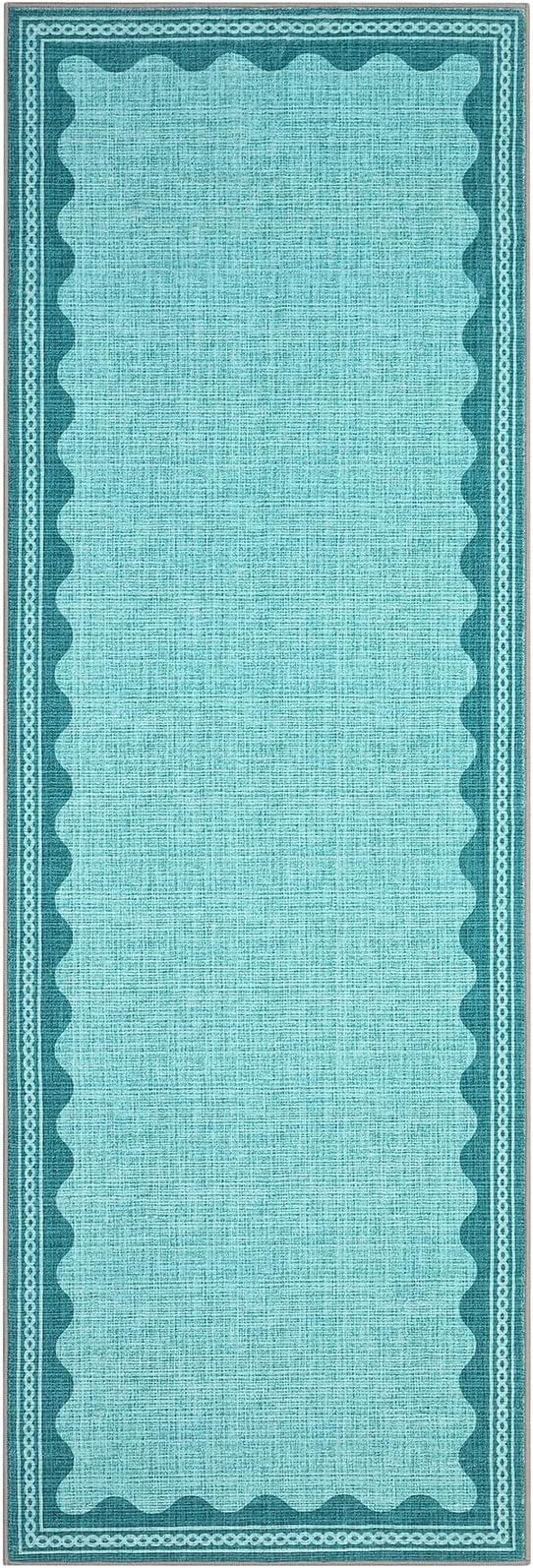 GarveeHome Scalloped Teal 2x6 Runner Rug for Hallway Washable Kitchen Rugs Non Slip Solid Modern Soft Low-Pile Indoor Carpet for Entryway Laundry Room Floor Mats TPE Backing