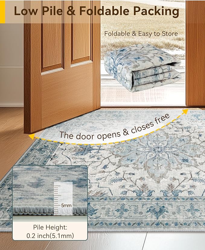 RELEANY Area Rugs 6'x8' Washable Non-Slip, Floral Vintage Distress Medallion Carpet for Living Room Bedroom Dining Room, Light Blue Navy Gray White