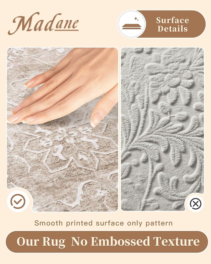 Madane Washable Round Rug 6ft for Living Room, Soft Ultra-Thin Non-Slip Vintage Floral Circle Area Rug, 6x6 Round Throw Carpet for Entryway Nursery Bedroom Kitchen Dining Room (Brown/Sand, 6'Round)