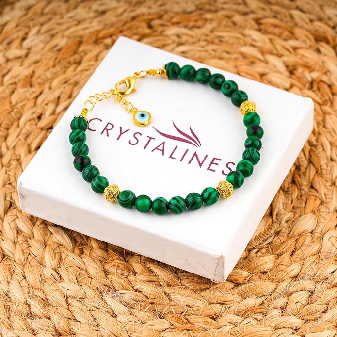 AAA Grade Natural Gemstone Beaded Bracelet, 14K Gold Plated with Evil Charm, Wicca & Reiki Healing Crystals, Handmade Bohemian Jewelry, Christmas Gift for Women (7+1inch)