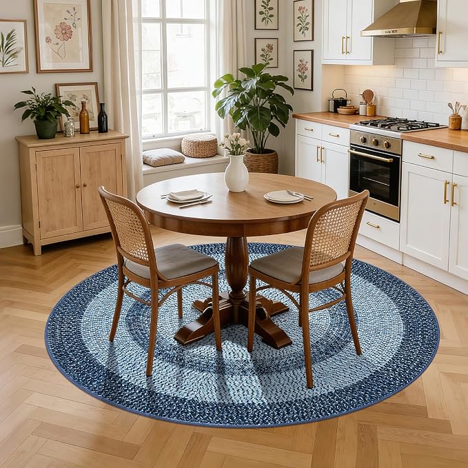 Modern Bordered Round Area Rug 4ft Washable Bedroom Circle Rugs Non Slip Stain Resistant Dining Room Round Throw Carpet Contemporary Circle Mats for Living Room Kitchen Nursery, Blue