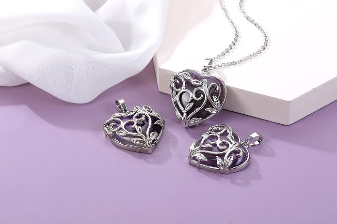 Jovivi Amethyst Rose Quartz Healing Crystal Necklace for Women Flower Leaf Wire Wrapped Crystal Heart Gemstone Pendant Necklace Natural Stone Reiki Quartz Jewelry Mothers Day Gifts