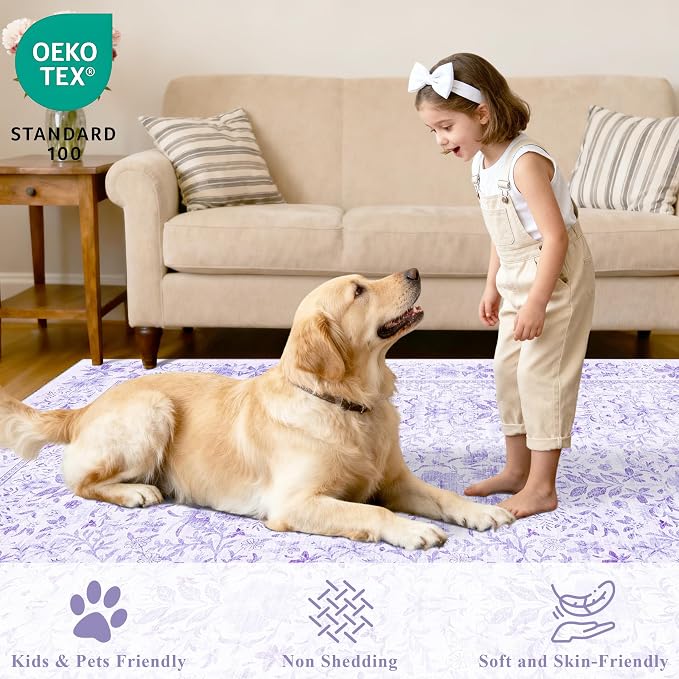 DUKINO 2x3 Entryway Rug, Washable Vintage Floral Area Rug, Purple | Non Slip, Low Pile, Non-Shedding, Soft Indoor Door Mat, Small Front Door Throw Carpet for Bathroom Kitchen Entrance Bedroom