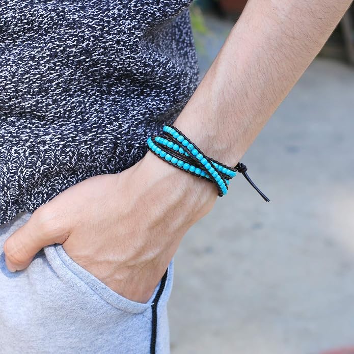KELITCH Turquoise Beads Bracelets Leather 3 Wrap Bracelet Handmade Women Heart Jewelry