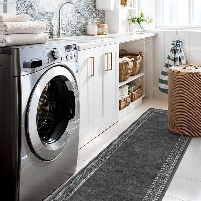 Lahome Modern Bordered Rug Runners for Hallways Non Slip, Ultra-Thin 2x6 Kitchen Runner Rugs Non Skid Washable, No Shedding Soft Hallway Runner Rug for Bedroom Entryway Laundry Room (2x6ft,Gray)