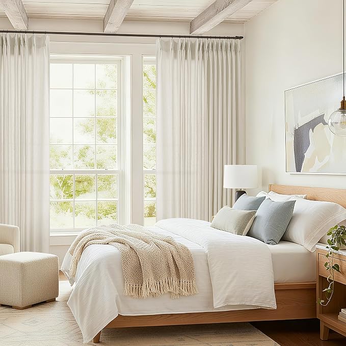 Extra Wide Pinch Pleated Linen Curtains 102 Inch Length 100 Wide | Light Filtering Semi Sheer, Window Drape, Hooks Rings, Back Tab, for Living Room Patio Glass Sliding Door, 102 Inches Long