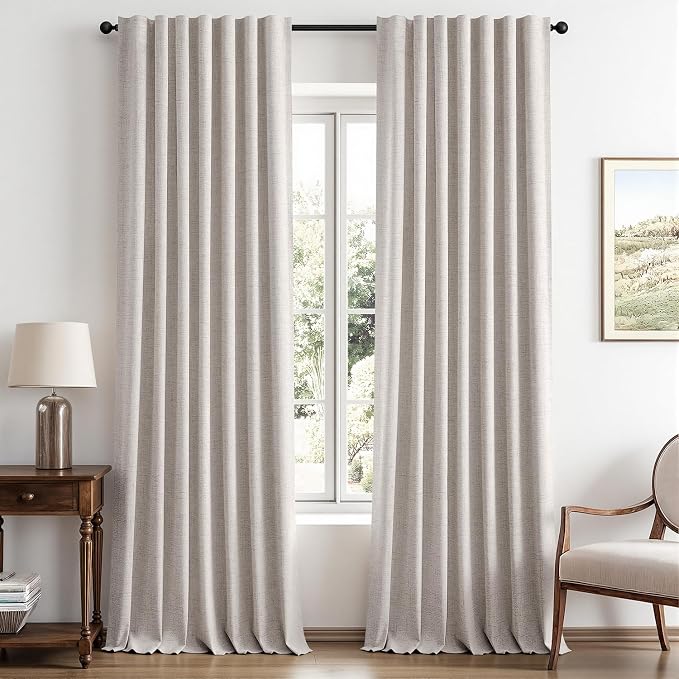 MIULEE 100% Blackout Linen Curtains for Bedroom 52 x 96 Inch Ivory 2 Panels | Thermal Insulated, Room Darkening Drapes for Living Room, Back Tab Rod Pocket Pinch Pleated, Solid Luxury Decor