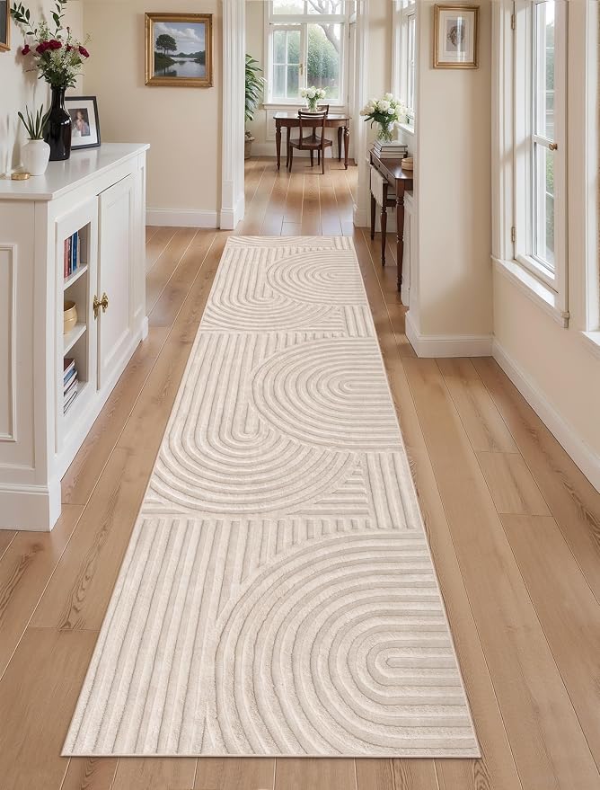 Ciicool Long 8ft Hallway Runner Rug,Beige Solid Color Kitchen Area Rugs | Modern Textured Soft Fluffy Non Slip Cozy Carpet Stain Resistant Bedside Bedroom Dining/Living Room Office Indoor Decor