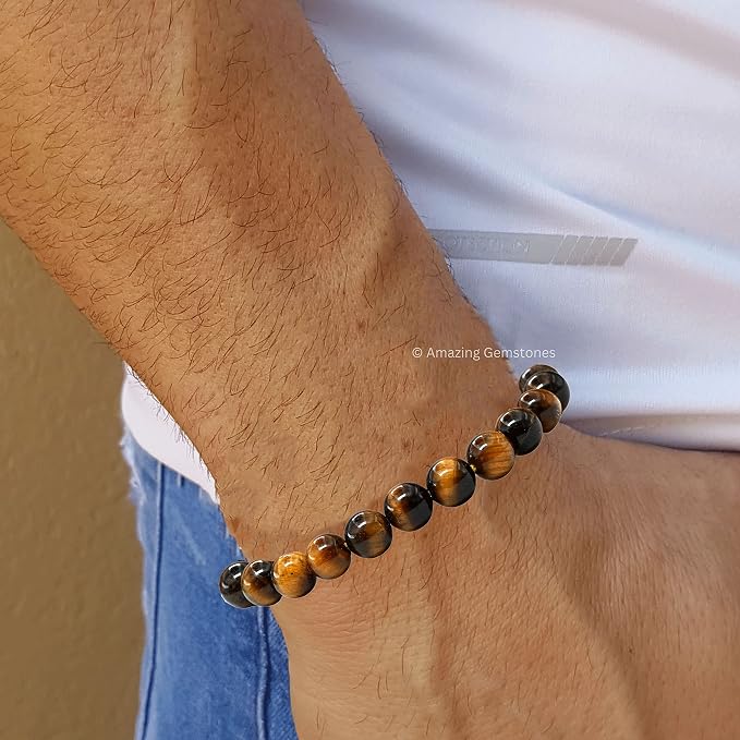 Amazing Gemstone Tiger Eye Bracelet for Women Men's Gifts - Protection Healing Crystal Bracelet - 8mm Gemstone Beaded Adjustable Bracelet