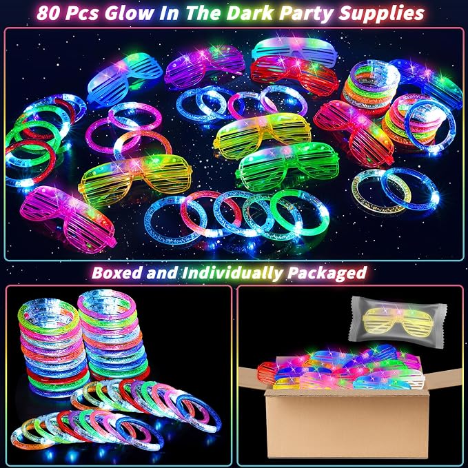 120 Pcs Glow in the Dark Party Supplies with Light up Glasses LED Bracelets 10 Neon Colors Glow Stick Bracelet Flashing Glasses for Kid Adult Rave Birthday Wedding Halloween Christmas Party Toys Favor
