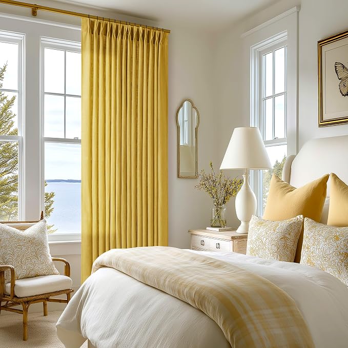Mustard Yellow Pleated Semi Sheer Linen Curtains 108 Inches Long 2 Panel | for Living Room Bedroom Ceiling Floor, Light Filtering, Gold Yellow, 400GSM Linen Fabric, Pinch Pleat Memory Shape Trained