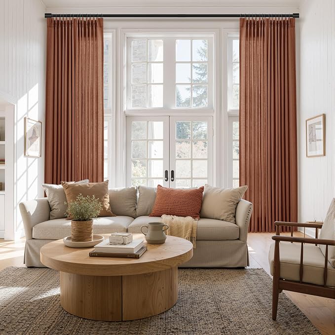 Aersas Rust Pinch Pleated Linen Curtains 102 Inches Long for Living Room Bedroom Dining Room - Semi Sheer Drapes with Hooks and Back Tab - Neutral Boho Farmhouse Country Style - 2 Panels 40x102 Inch
