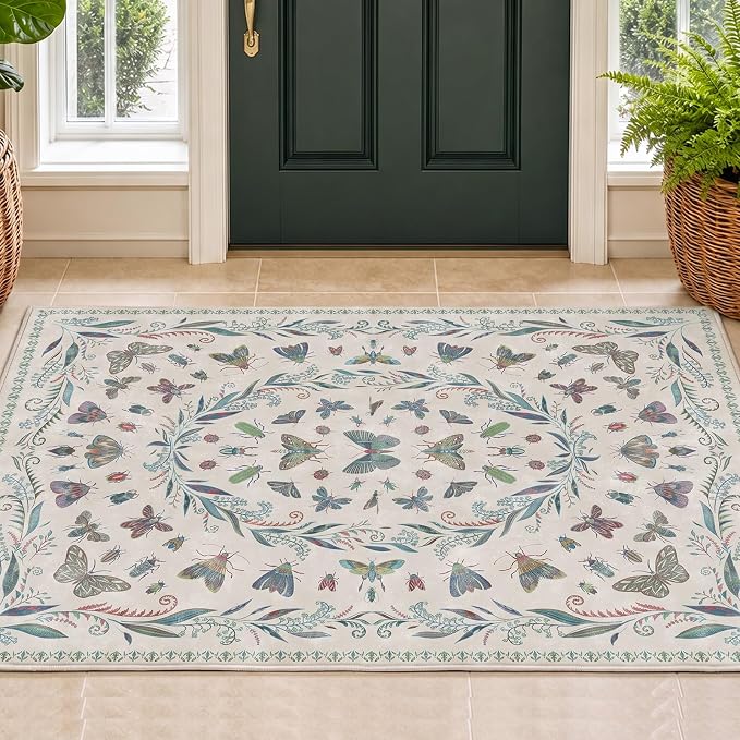 Washable Beige Green Large Entryway Rug, 3x5 Area Rugs for Laundry Room, Kitchen, Bedroom, Dorm, Insect Print Vintage Floral Non-Slip Throw Rug Low Pile Stain Resistance