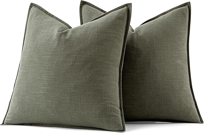 MIULEE Decorative Linen Euro Sham Pillow Covers 24x24 Inch Olive Green | Boho Farmhouse Neutral Couch Throw Pillows for Bed, Pack of 2 Accent Modern Pillowcases, Sofa Livingroom Home Decor