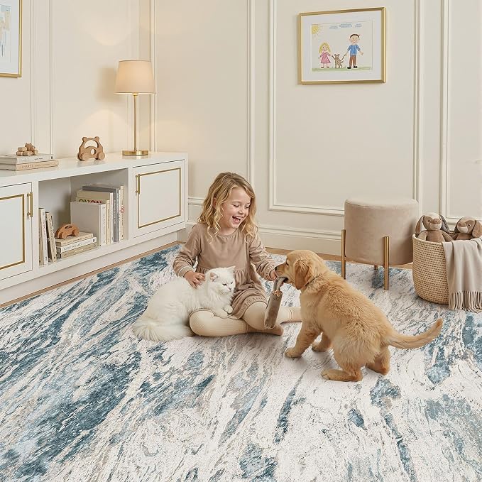 Area Rugs for Living Room: 10X12 Abstract Washable Rug Modern Neutral Large Soft Stain Resistant Non-Slip for Bedroom Dining Room Indoor Home Office Carpet - Blue Brown