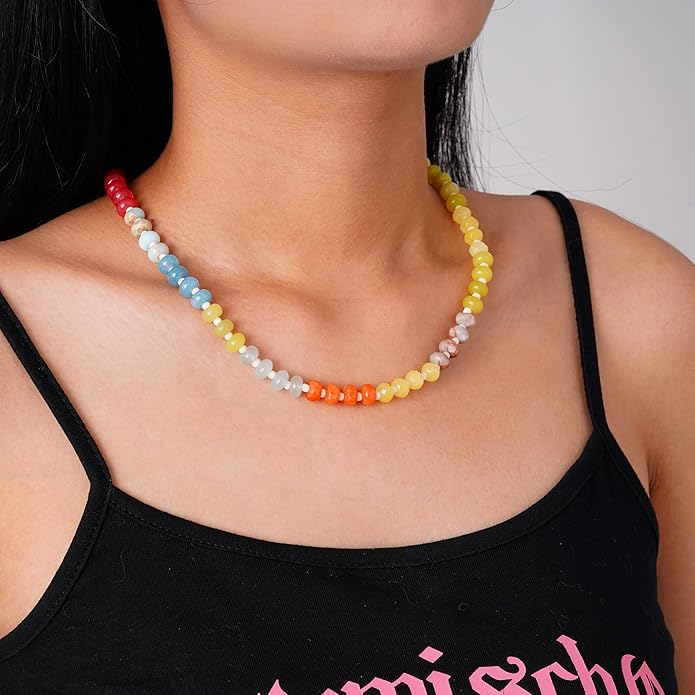 LALAPPLE Colorful Beaded Gemstone Necklace for Women, Boho Rainbow Bead Choker with Natural Stone Crystal Beads, Handmade Summer Beach Necklace Jewelry