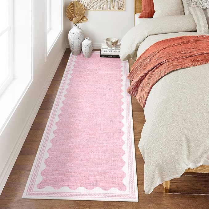 2x6 Scalloped Runners Pink Washable Hallways Bedroom Rug | Solid Non Slip Scalloped Bath Runner, Rugs for Bedroom Girls, Rugs for Kitchen Floor Soft Dorm Nursery Carpet for Bedside