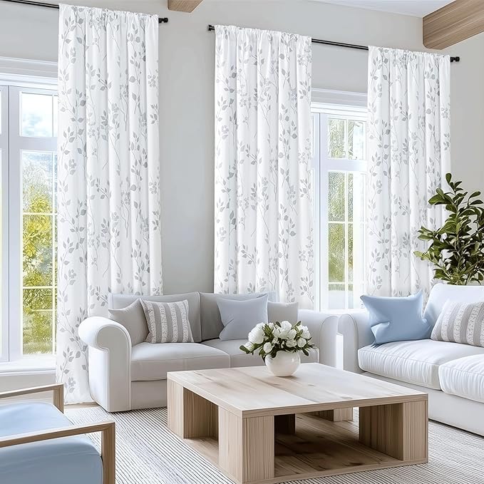 Beauoop Floral 100% Blackout Curtains for Bedroom Grey White 52X90 2 Panels | Flower Patterned Room Darkening Drapes for Living Room 90 Inch Long Thermal Insulated Soundproof Window treatment Rod Pocket