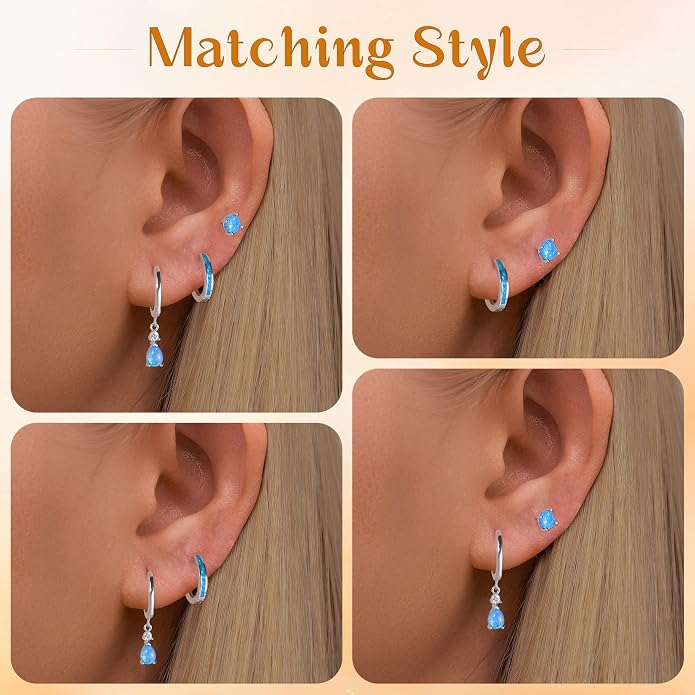 CiNily Opal Earrings Set for Women Hypoallergenic, Opal Stud Huggie Hoop Earrings Silver/Rose Gold Plated Dainty Hoop Huggie Silver Dangle Earring Stacks, Gold Jewelry