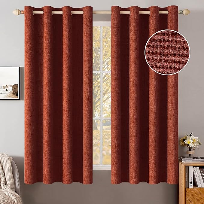 MIULEE Linen Curtains for Bedroom 100% Blackout Thermal Insulated Burnt Orange Grommet Room Darkening Curtains & Drapes Rust Terracotta Fall Decor for Living Room 52 x 54 Inch (2 Panels)