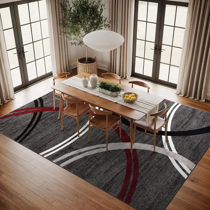 Rugshop Wavy Circles Modern Non-Shedding Living Room Area Rug Red 10' x 14'