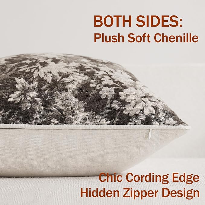 DEZENE Pack of 2 Vintage Floral Throw Pillow Covers 22x22 Boho Farmhouse Accents Chenille Square Decorative Pillow Cases for Living Room Couch Bed Home Decor, Grey
