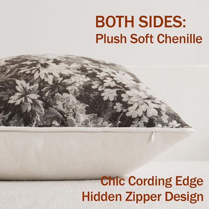 DEZENE Pack of 2 Vintage Floral Euro Sham Covers 26x26 Boho Farmhouse Accents Chenille Square Decorative Throw Pillow Cases for Living Room Couch Bed Home Decor, Grey