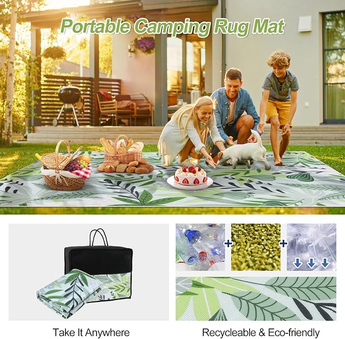 Lahome Leaf Indoor Outdoor Rug, 5x8ft Non Slip Outdoor Patio Rug for Balcony Deck, Portable Outdoor Carpet for Camping Picnic Backyard, Breathable RV Mat Outdoor Rugs for Living Room Bedroom,Green