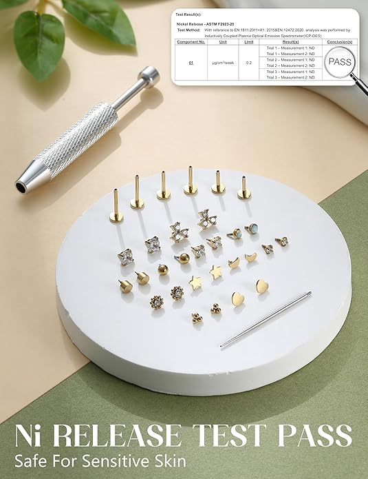LOLIAS 16G 18G Flat Back Stud Earrings for Women - Hypoallergenic Surgical Steel Internal Thread Stud Piercing Jewelry for Tragus Helix Cartilage Conch Nose 6MM 8MM 10MM Lip Labret Medusa Piercing