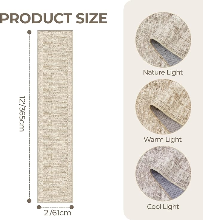 2x12 Runner Rug Non Slip,Washable Hallway Runner Rug,Brown | Long Neutral Rugs for Kitchen,Entryway,Bedroom,Bathroom,Laundry Room,Thin,Soft Runner Rug,Stain Resistant Indoor Carpet