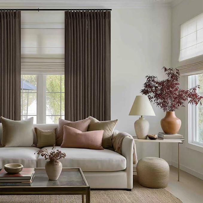Dark Chocolate 108 Inch Pinch Pleated Semi Sheer Linen Curtains 2 Panels | for Living Room Bedroom, Memory Training Shaped, Light Filtering, Pinch Pleat Drapes with Hooks Rings, Window Curtains 40x108