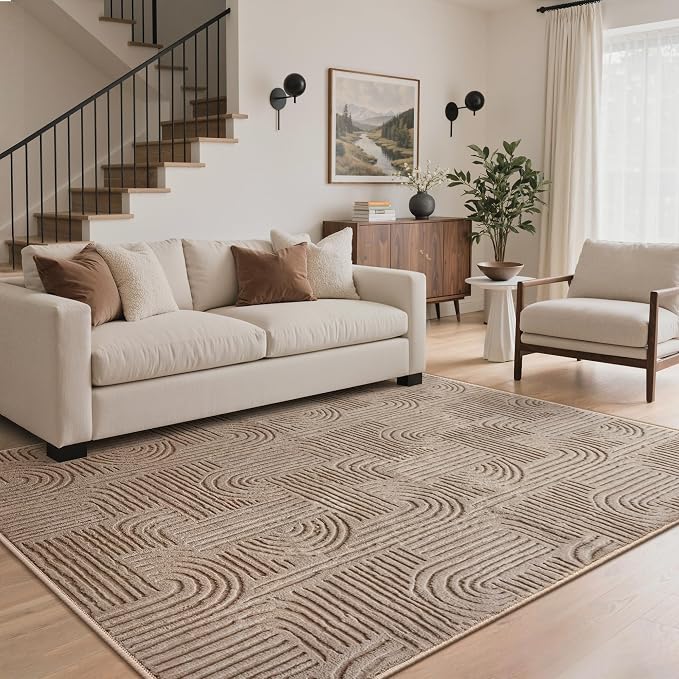 GENIMO Soft Washable Area Rugs 5x7, 3D Modern Arch Pattern Living Room Rug, High-Low Pile Textured Non Slip Carpet, Non-Shedding Stain Resistant Light Brown Rugs for Bedroom, Dining Room, Nursery