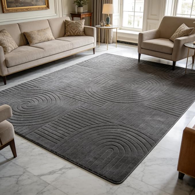 5x7 Grey Area Rug, Washable Rugs for Living Room Bedroom | Fluffy High-Low Pile Textured Rug with Modern Geometric Pattern, Ultra Soft Boho Carpet for Nursery, Kids Room, Home Office