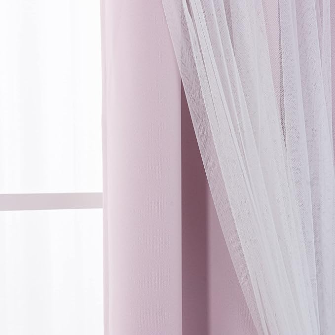 INLINAS Pale Pink Blackout Curtains with Sheer Overlay - Grommet Top Thermal and Noise Reduction Panels for Bedroom and Living Room Light Blocking and Energy Saving, 37 x 72 Inches, Set of 2